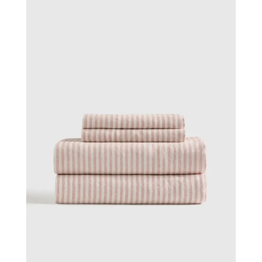 Quince European Linen Stripe Sheet Set Dusty Mauve White Stripe Queen NWOT